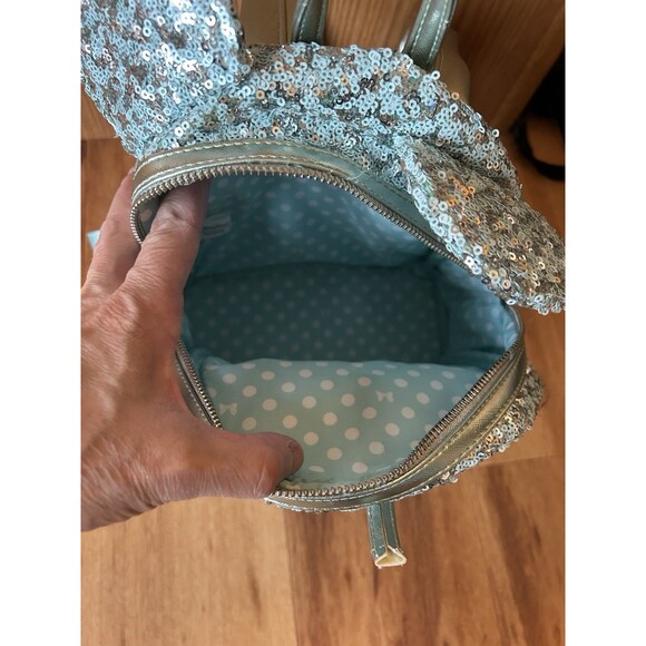 Disney Parks Loungefly Arendelle Aqua Sequins Minnie Mouse Backpack Retired READ main image 14